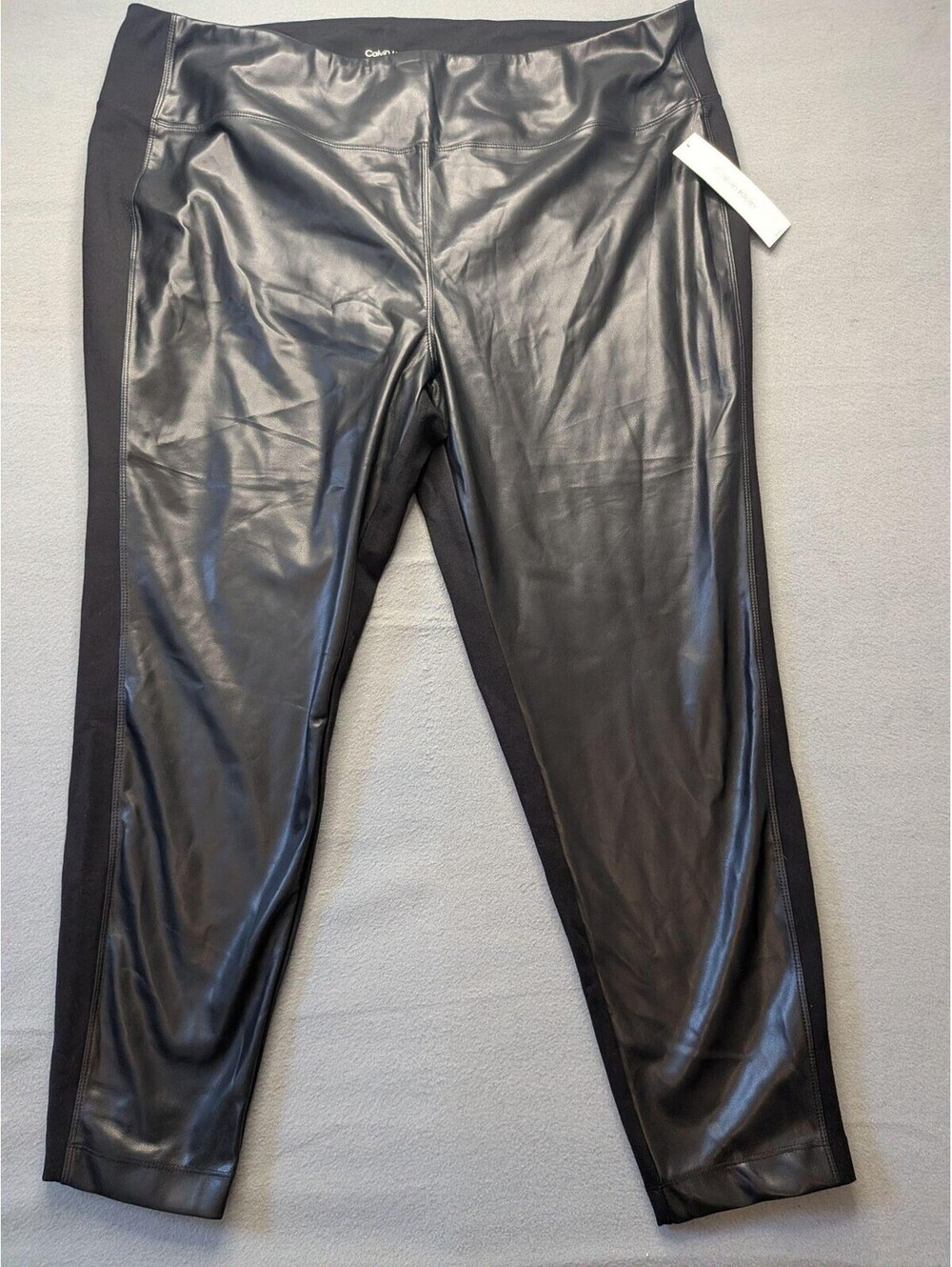 Calvin Klein Leggings Womens 2X Black Faux Leather Ankle Jersey Stretch Pants